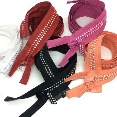 #5 #10 Auto-Lock Rhinestone Metal Zipper Open End In Red